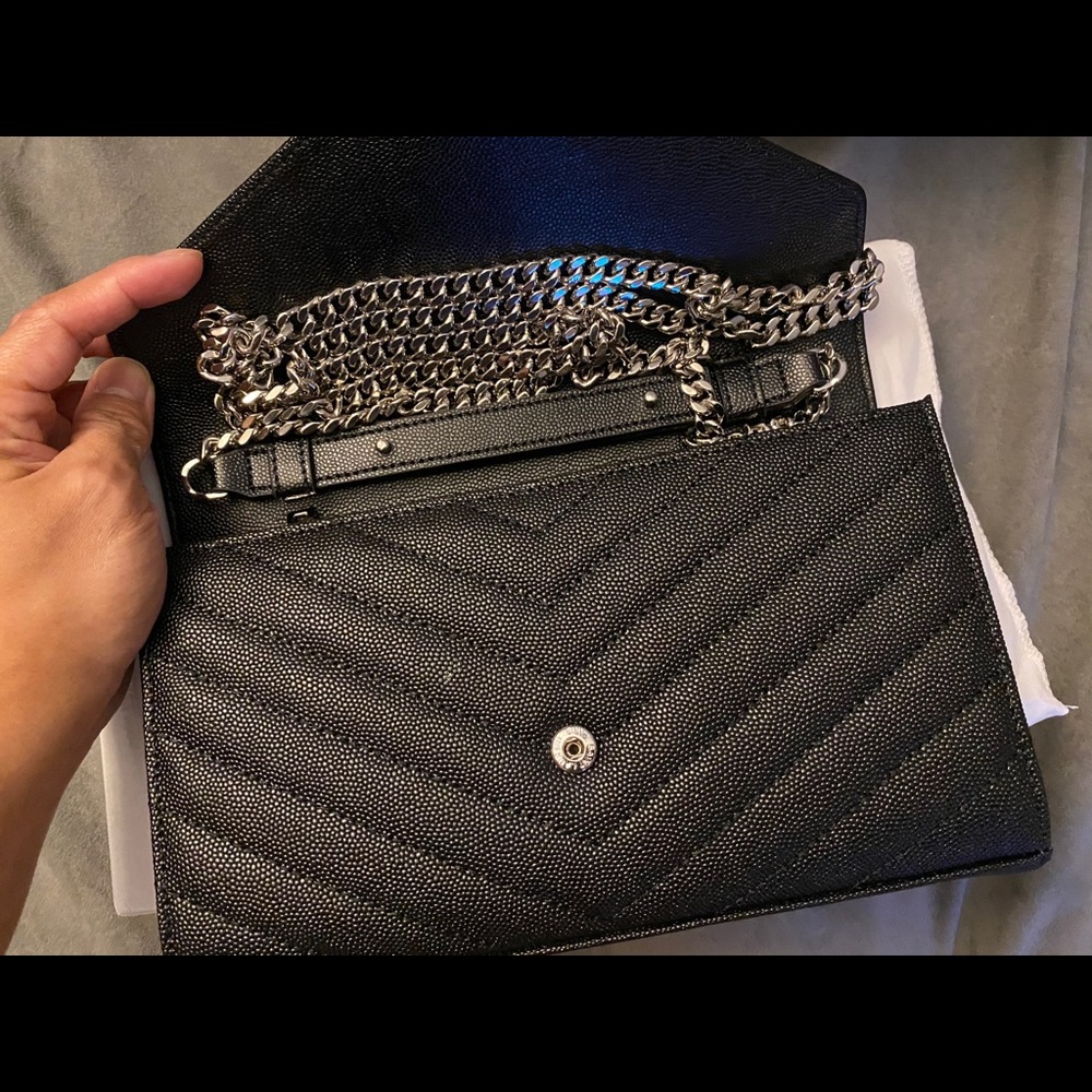 New Black Envelope Chain Wallet silver hardware